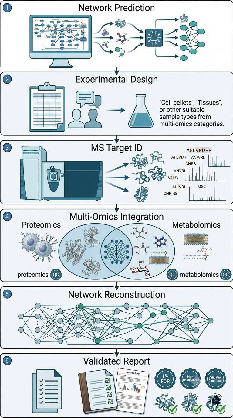 Six-step vertical workflow for network pharmacology MS: network prediction, design, MS target ID, multi-omics integration, network reconstruction, and validated report.