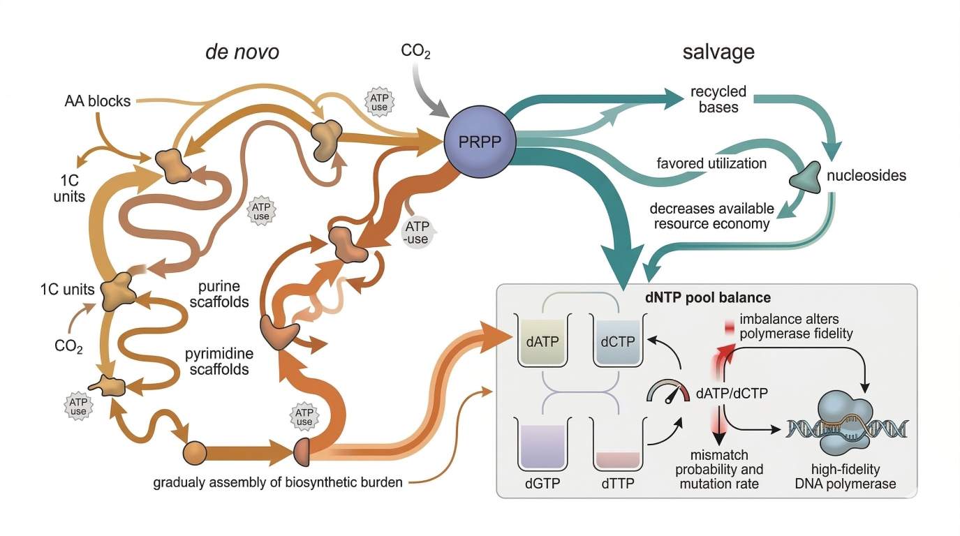 PRPP-centered metabolic flux map of de novo vs. salvage pathways