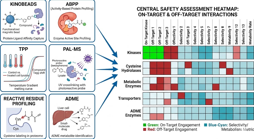 Off-target profiling platform showing six chemical proteomics approaches converging on comprehensive off-target landscape map for drug safety assessment.