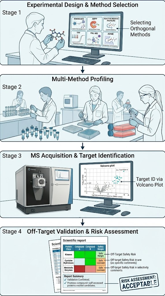 Four-stage workflow for off-target profiling: compound assessment, multi-method profiling, MS acquisition and target identification, and off-target validation and risk assessment.