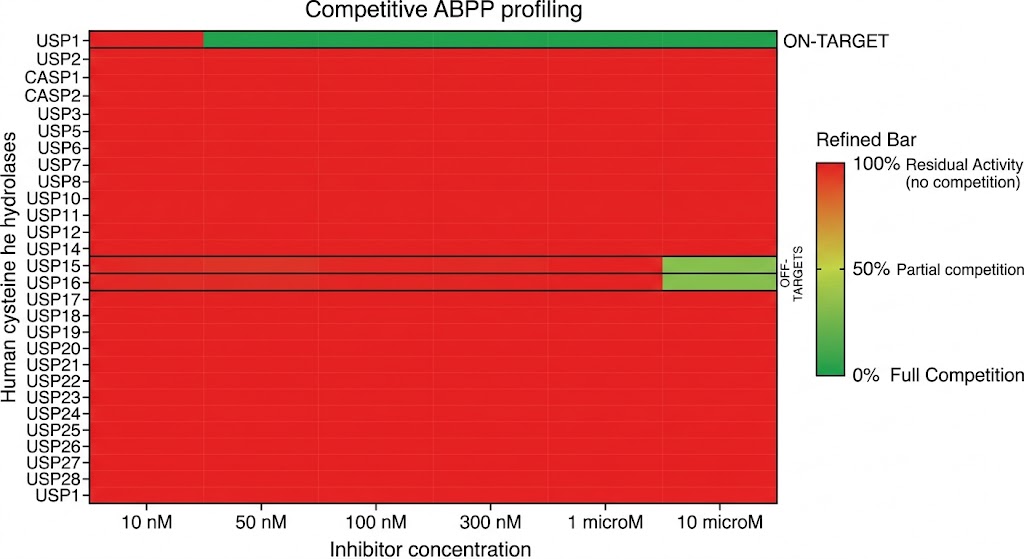 Kinobeads profiling volcano plot showing on-target kinase and 14 off-target kinases significantly enriched by a clinical-stage kinase inhibitor, with selectivity scores annotated.