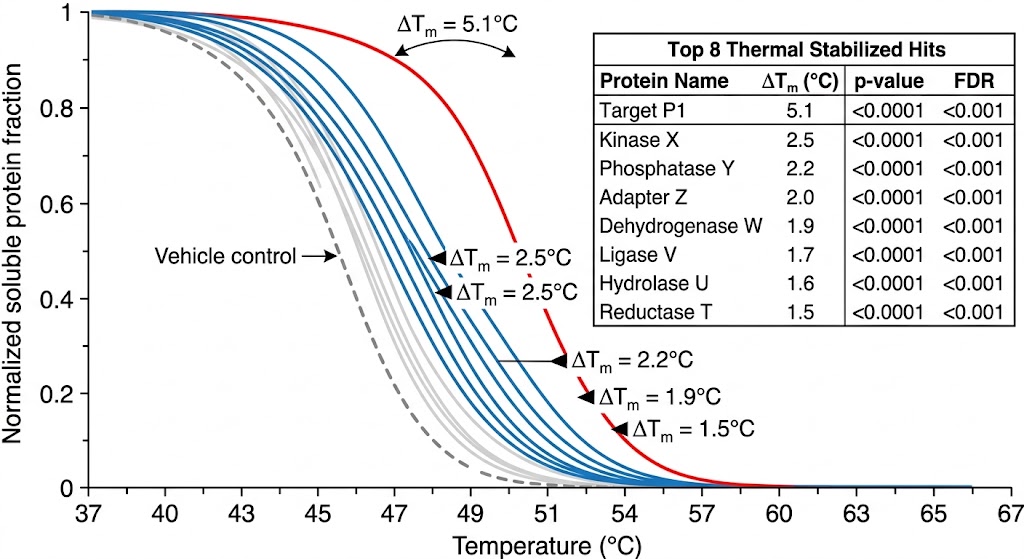 Competitive ABPP selectivity heatmap for a covalent inhibitor tested against 30 cysteine hydrolases, showing >500-fold selectivity with two off-targets flagged.