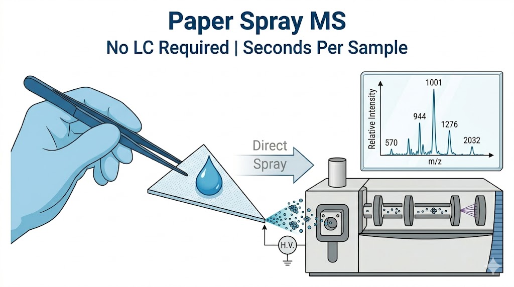Paper spray mass spectrometry showing sample spotted on paper triangle with high voltage and solvent flow generating electrospray into mass spectrometer inlet.