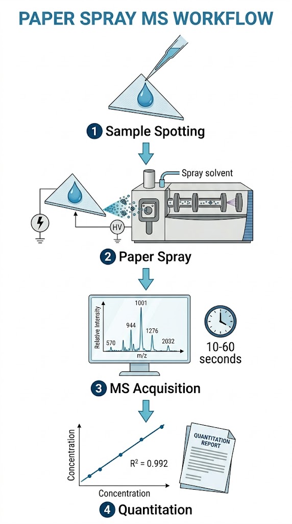 Four-step workflow for paper spray MS: sample spotting, paper spray ionization, MS acquisition, and data quantitation.