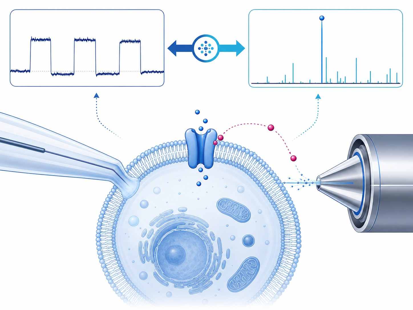 Patch-Clamp MS Coupling technology platform diagram integrating patch-clamp electrophysiology with high-resolution mass spectrometry for ion channel drug binding analysis.