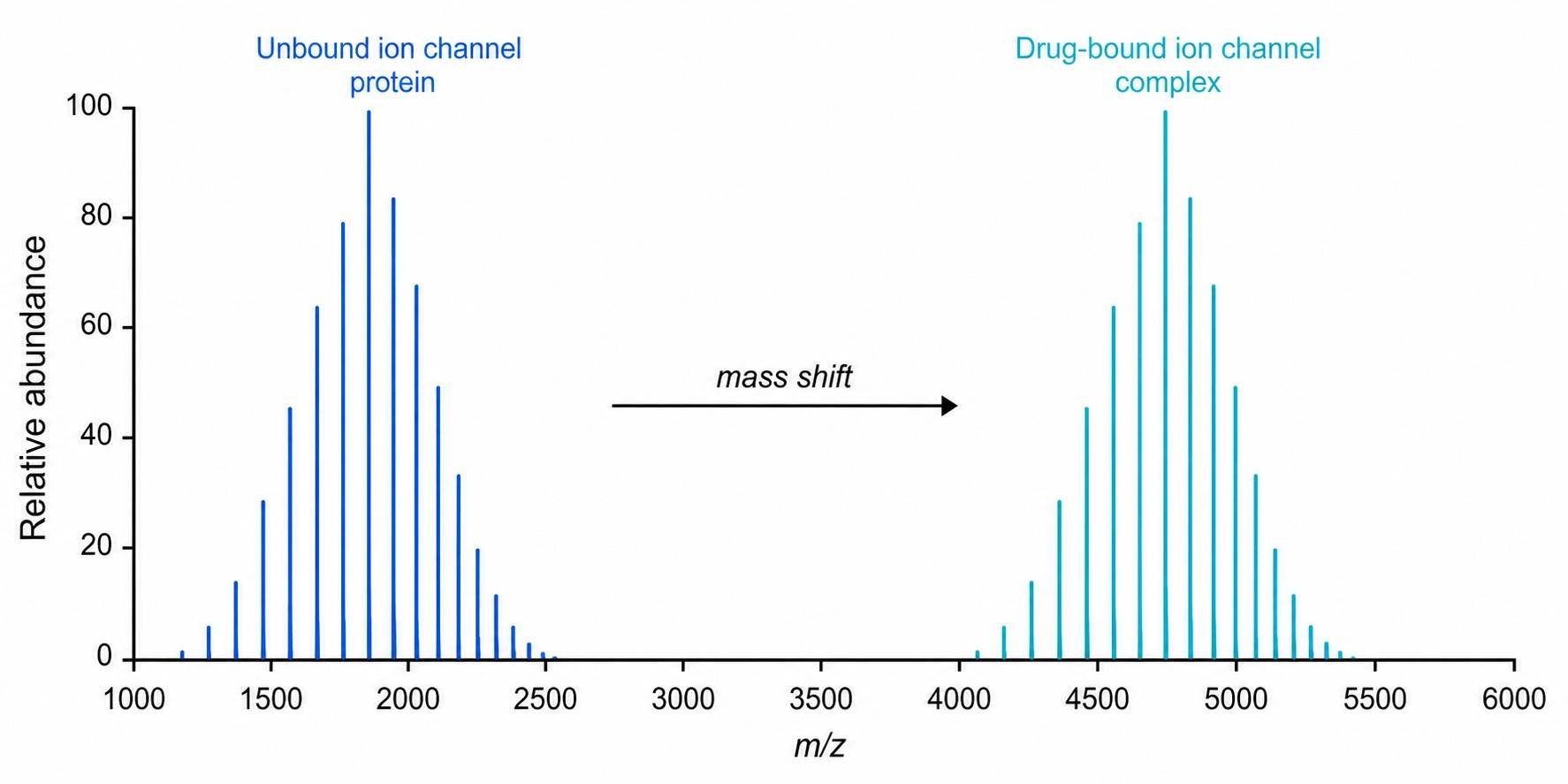 Mass spectrum showing drug-bound ion channel complex with labeled peaks for unbound and bound species.