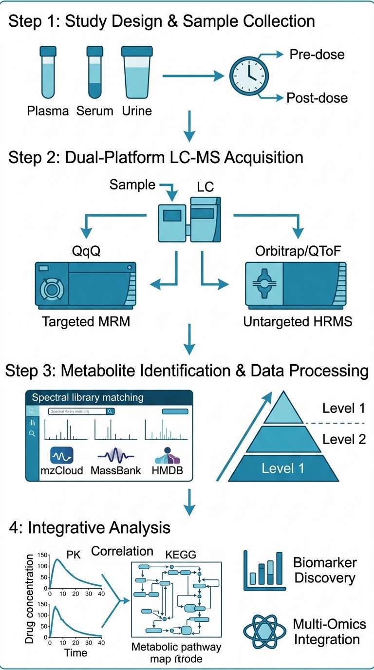 Four-stage pharmaco-metabolomics workflow diagram
