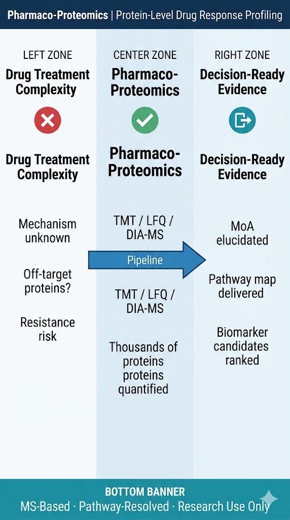 Pharmaco-proteomics service overview diagram showing drug treatment, LC-MS/MS quantitative proteomics, pathway analysis, and drug response deliverables.