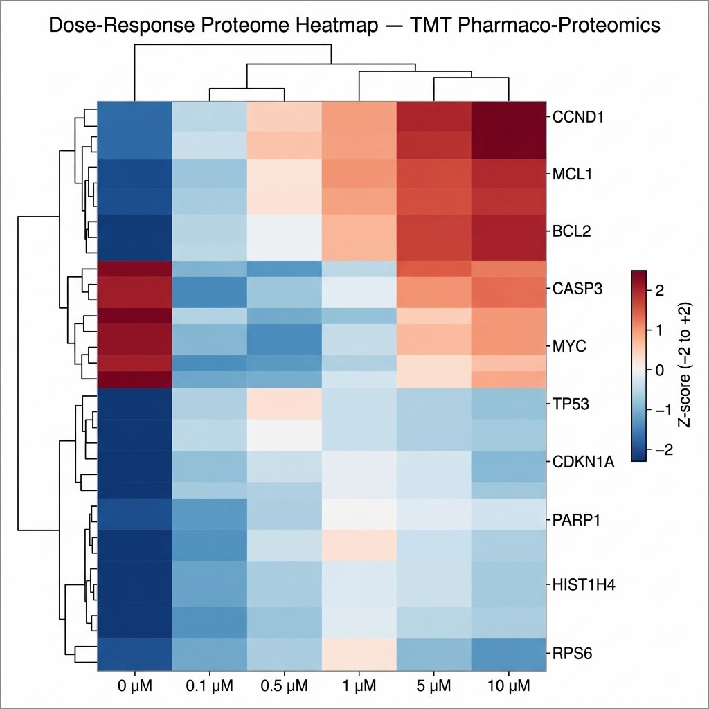 Heatmap of top differentially expressed proteins across six treatment groups (dose-response) in a drug response pharmaco-proteomics experiment, with hierarchical clustering dendrogram.