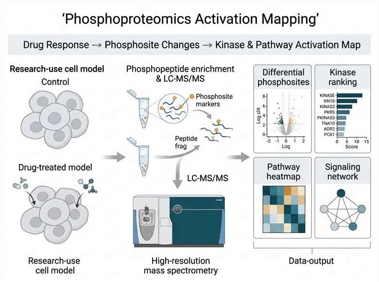 Phosphoproteomics activation mapping workflow for drug response and kinase pathway analysis.