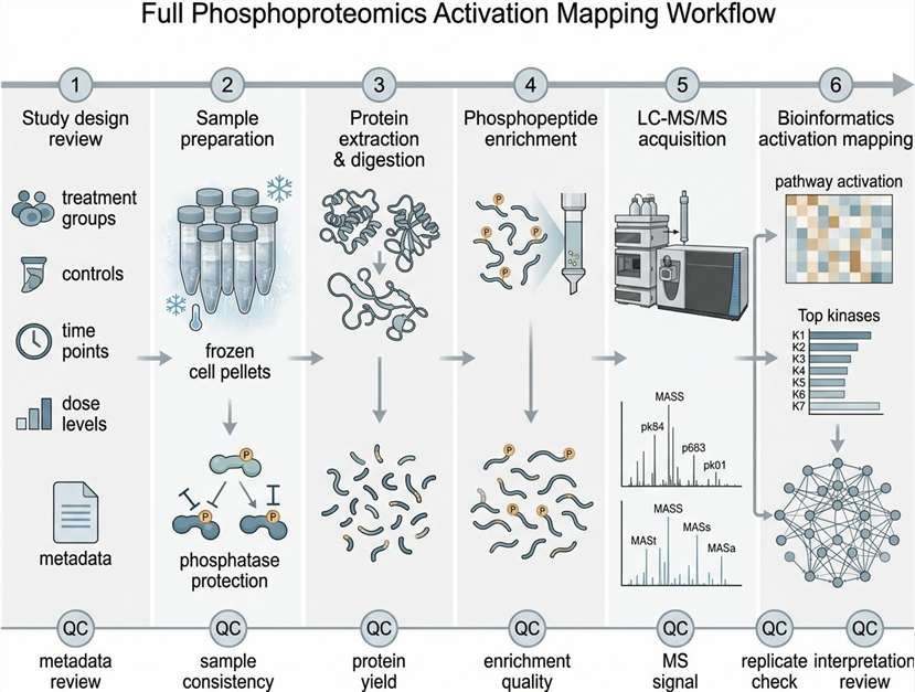 Phosphoproteomics activation mapping workflow with QC checkpoints.