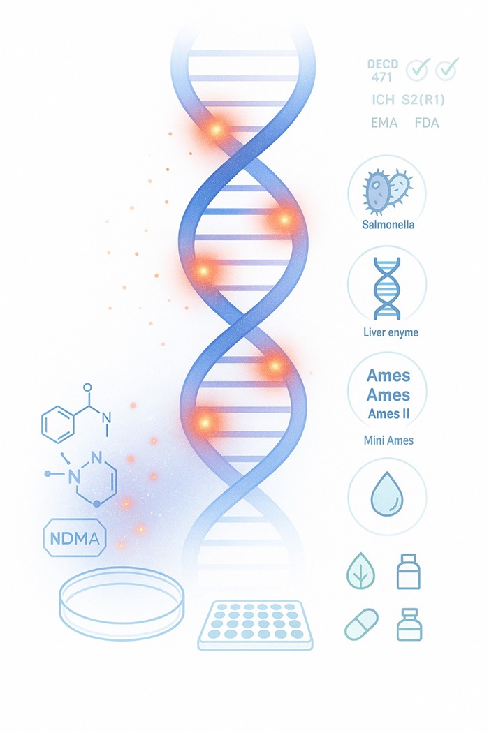 Ames Test mutagenicity illustration with DNA mutation hotspots and toxicology assay platforms