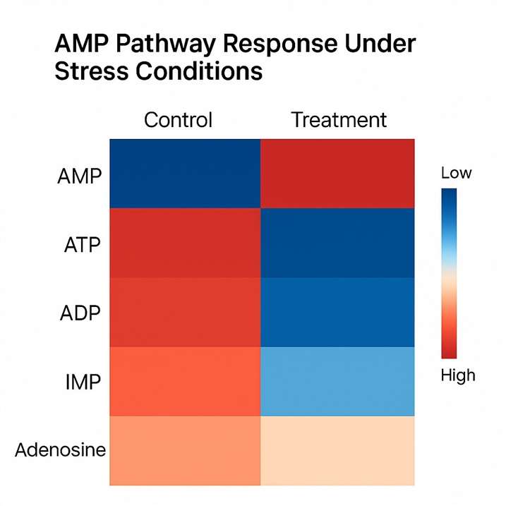 Color-coded heatmap comparing AMP, ATP, ADP, IMP, and adenosine levels between control and treated samples.