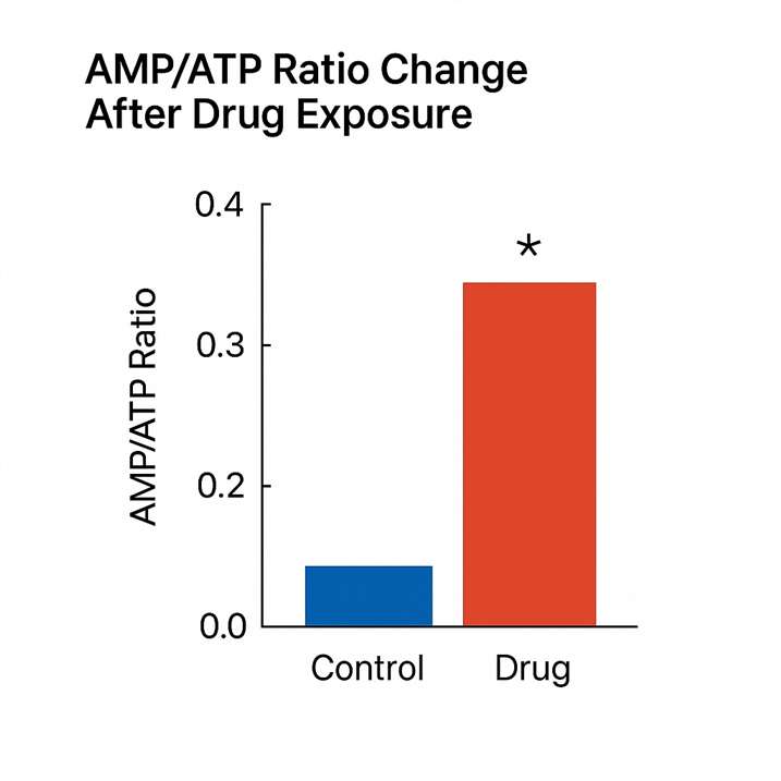 Bar graph comparing AMP/ATP ratio in control vs. drug-treated group with significance marker.