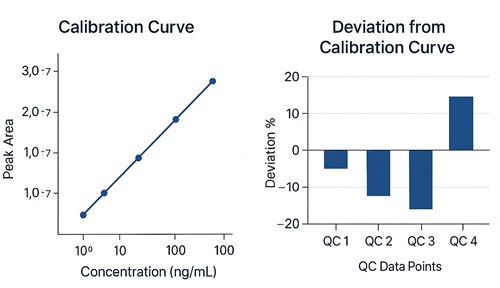 Dual chart showing cinnamic acid calibration curve and bar graph of QC deviation percentages.