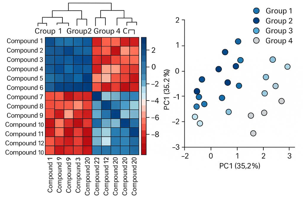 Heatmap and PCA plot showing multivariate analysis of cinnamic acid and related metabolites across sample groups.