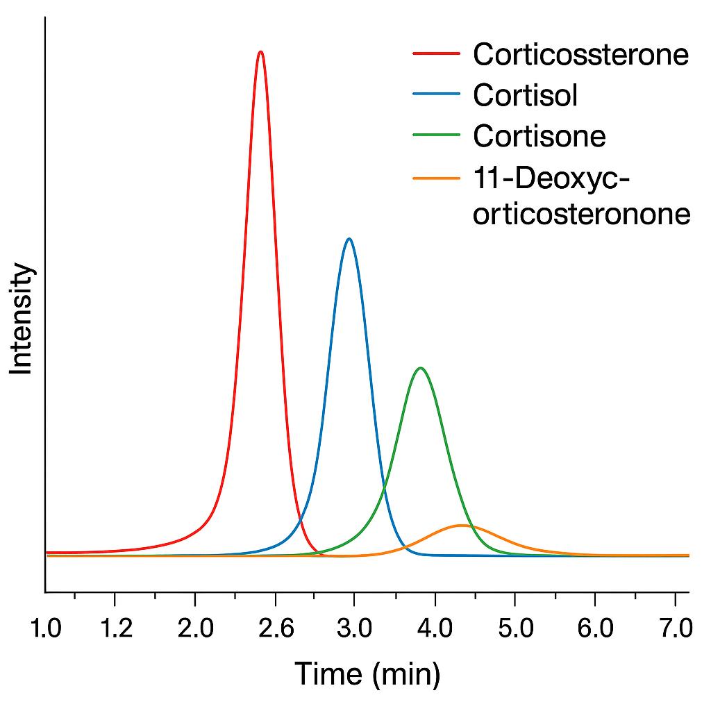 Overlaid LC-MS/MS chromatogram displaying clear separation of four glucocorticoids.