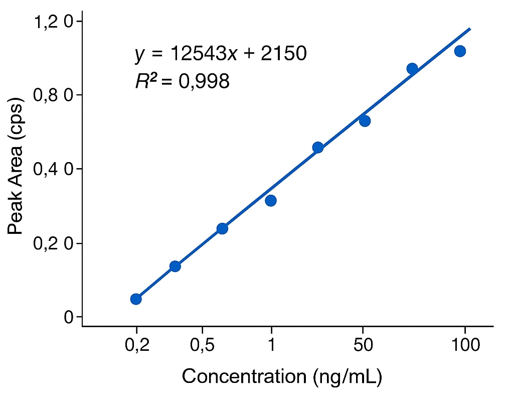 Calibration curve graph plotting DAP concentration against peak area, with linear regression line and high R² value.