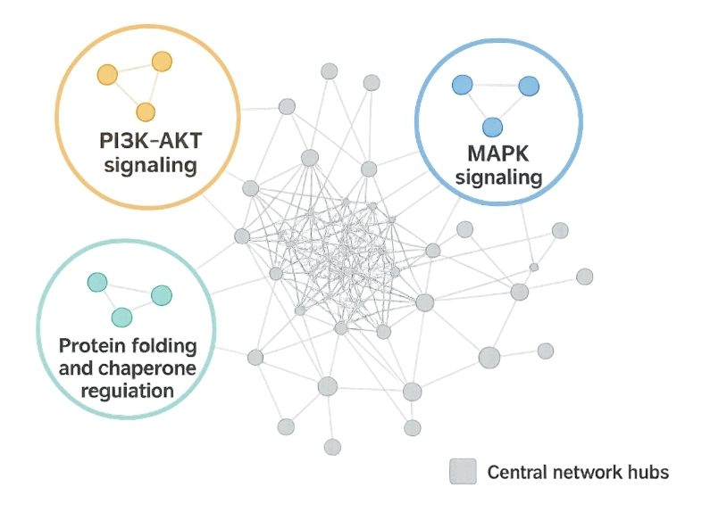 Network map highlighting enriched pathways including PI3K-AKT, MAPK, and protein folding hubs.