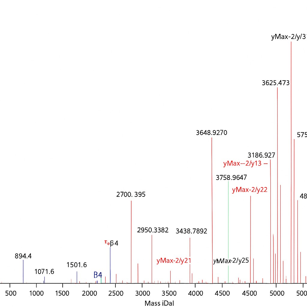 Disulfide bond fragmentation viewer by LC-MS/MS – annotated spectra showing y-ions and b-ions for disulfide-linked peptide characterization
