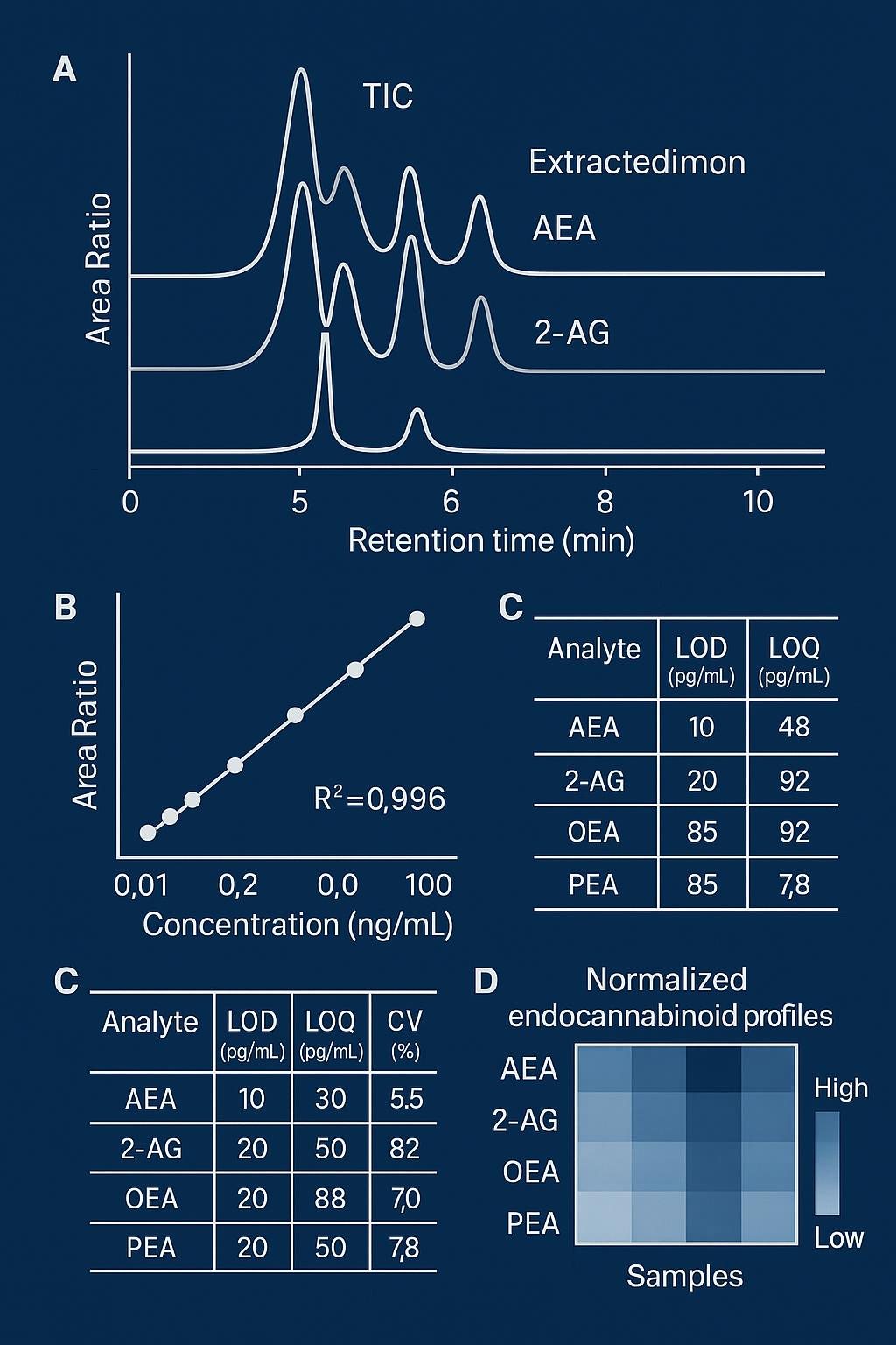 Endocannabinoid assay demo results showing TIC and XIC chromatograms, calibration curve, QC metrics table, and heatmap of normalized profiles.