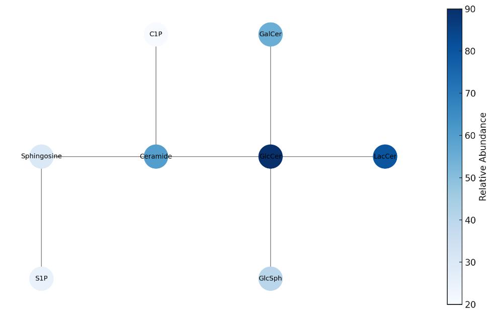 Metabolic pathway diagram with heatmap overlay for GlcCer and related lipids.