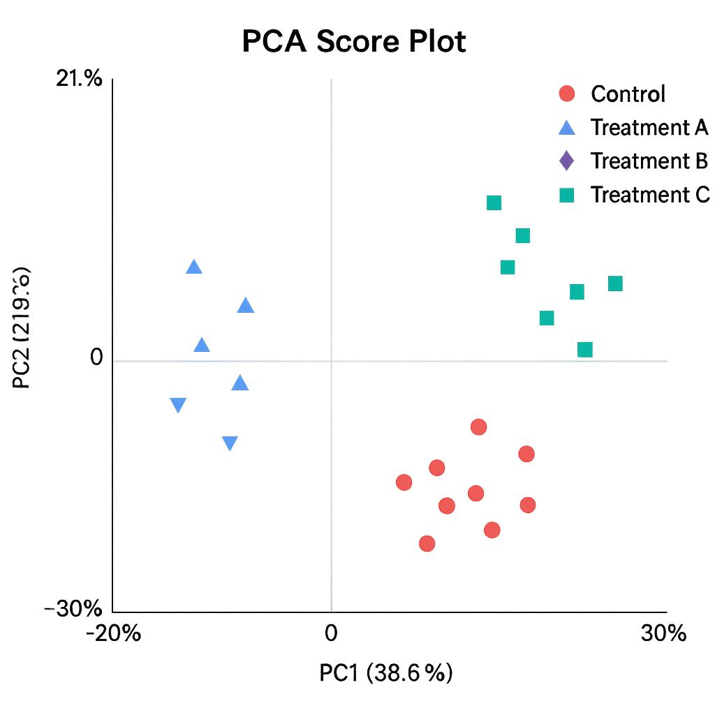 PCA plot displaying sample distribution across PC1 and PC2 with distinct clusters for control and treatment groups based on lipidomic data.