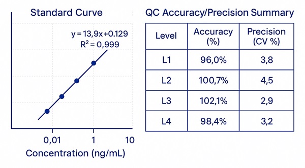 Standard curve and QC table showing linearity, accuracy, and precision of oxysterol quantification.