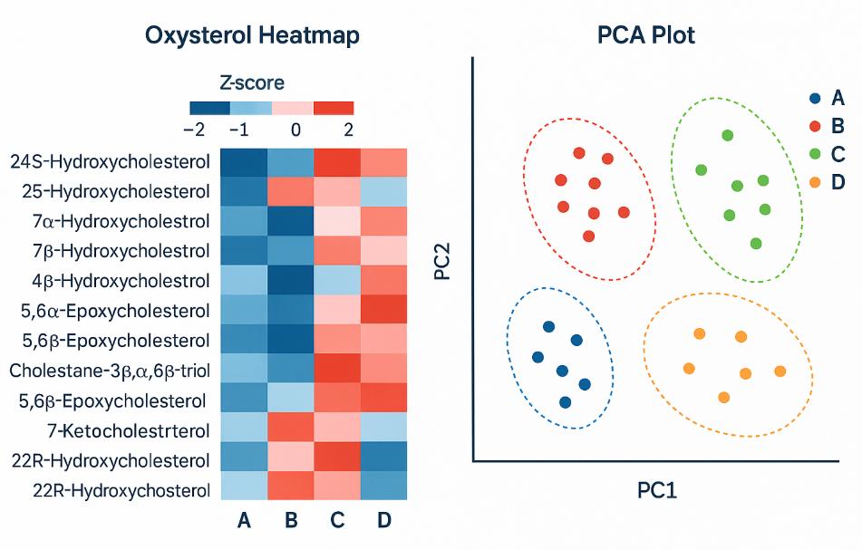 Heatmap and PCA of oxysterol profiles across four sample groups.