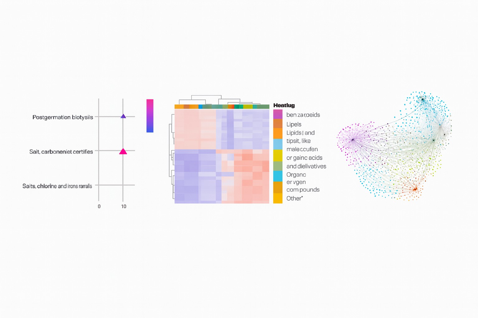 Integrated transcriptomics and metabolomics analysis demo results showing pathway enrichment, heatmap clustering, and multiomics network visualization
