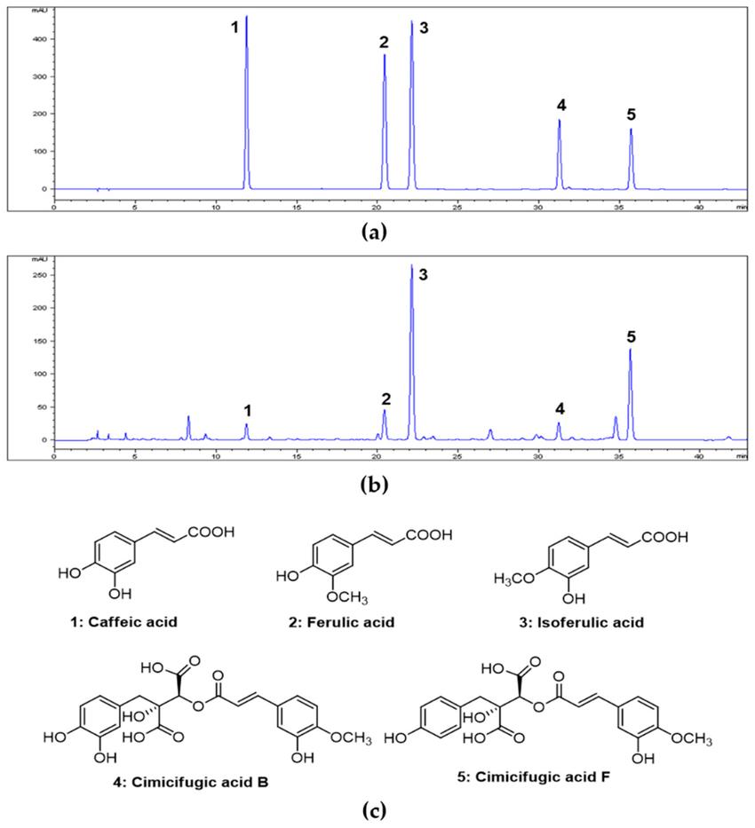 High-performance liquid chromatography (HPLC) chromatograms of five standard compound mixtures (a) and 70% ethanol extract of Cimicifugae Rhizoma (b). Chemical structures of five compounds (c).