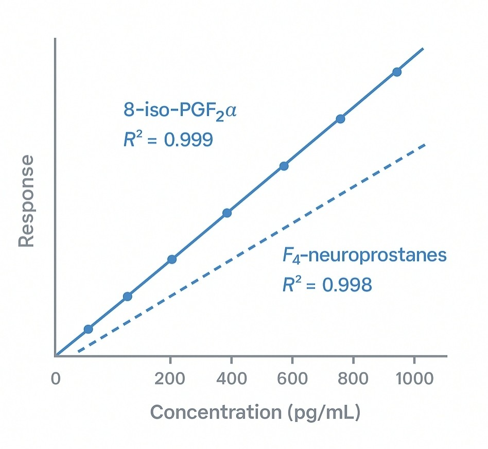 Graph of two calibration curves showing linear relationships for 8-iso-PGF₂α and F₄-neuroprostanes, with R² values near 1.0.