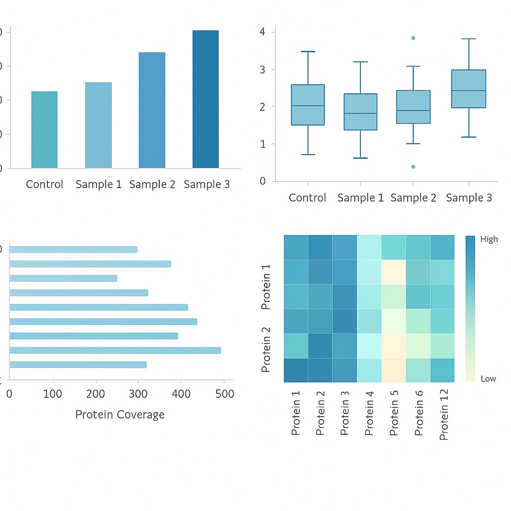 Bar chart, box plot, peptide coverage, and heatmap showing relative protein abundance and coverage across multiple biological samples in a non-bioinformatics label-free analysis