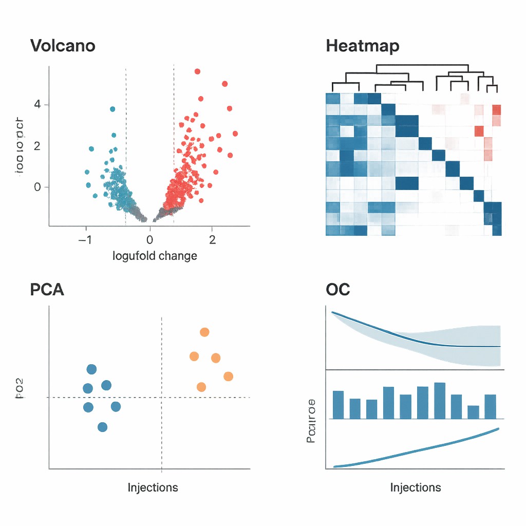 PCA plot, volcano plot, heatmap, and QC analysis showing proteomic sample variation, differential expression, and data reproducibility in a label-free quantification workflow