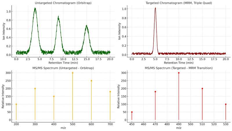 Overlay of untargeted and targeted lipidomics chromatograms and MS/MS spectra showing peak profiles and fragment ion distributions.