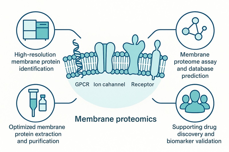 Membrane proteomics infographic showing membrane protein extraction, purification, identification, and functional prediction