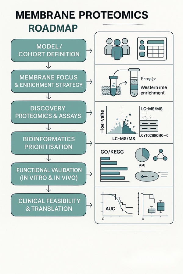 Membrane proteomics research roadmap showing enrichment choice, LC-MS/MS discovery, bioinformatics prioritisation, validation, and clinical translation