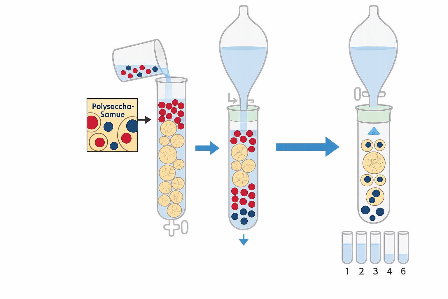 Illustration showing the principle of HPGPC, where a mixture of large and small molecules separates in a gel-filled chromatography column, with larger molecules eluting first.