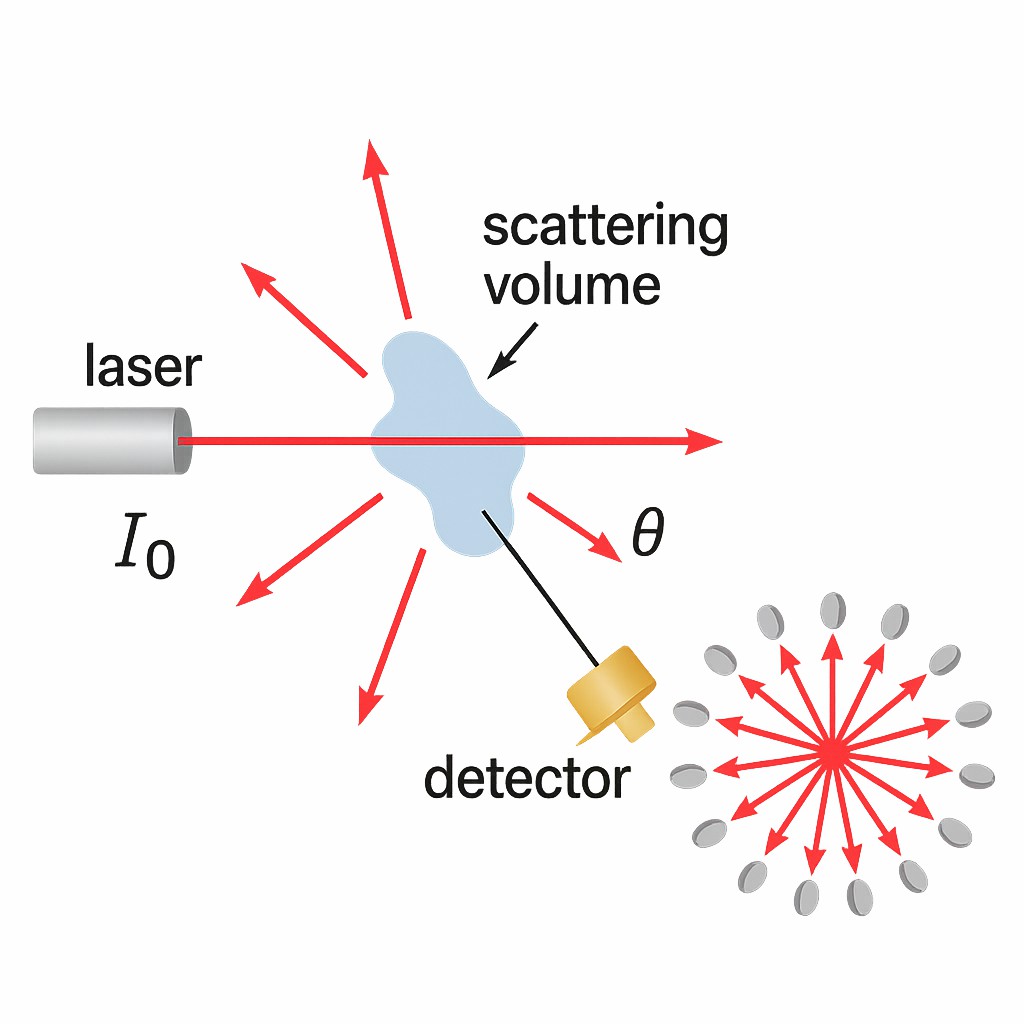Diagram of SEC-MALS principle with laser beam, scattering volume, multi-angle detectors arranged in a circular array, and arrows showing scattered light paths.