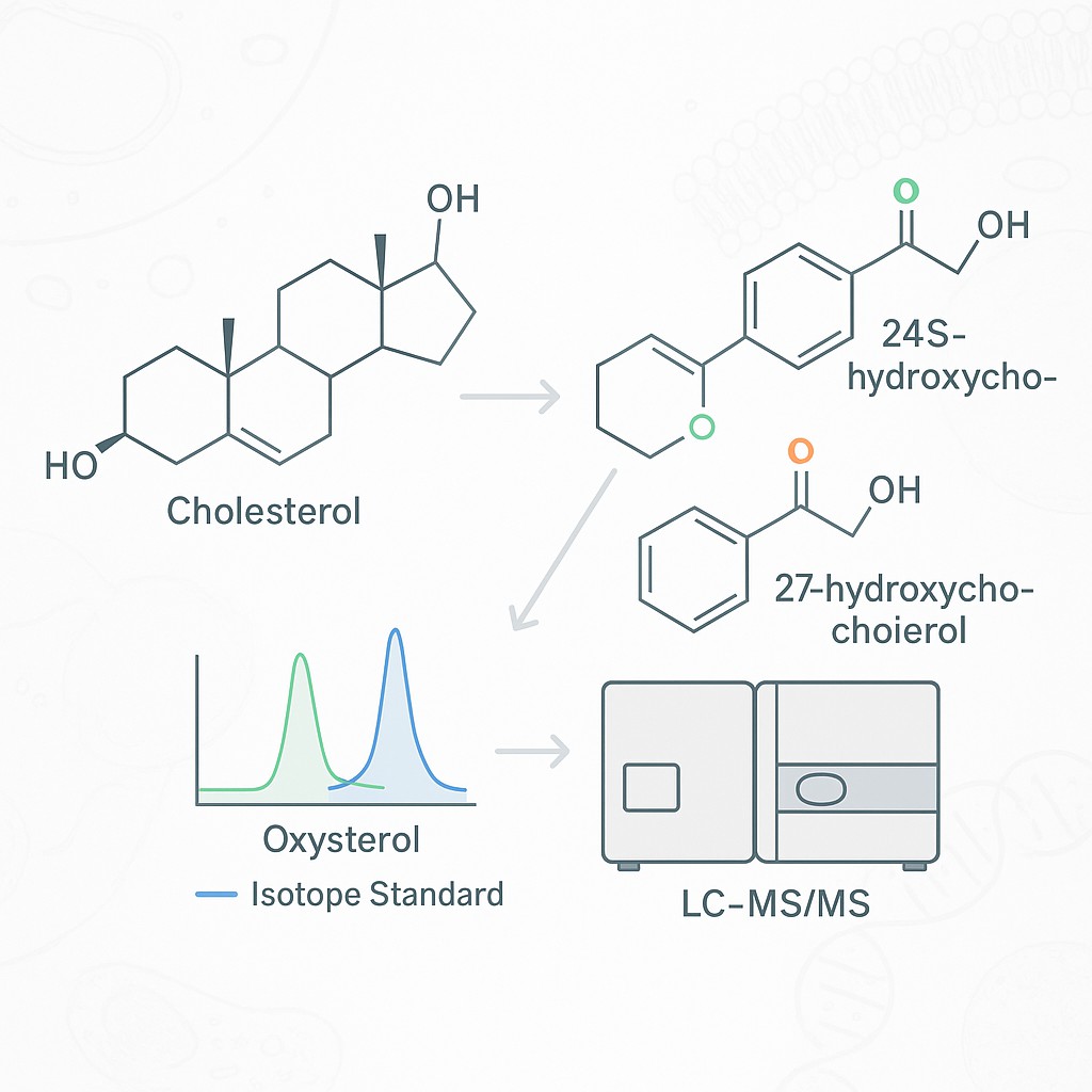 Oxysterol quantification diagram showing cholesterol conversion to oxysterols with LC-MS/MS analysis and isotope standard chromatogram.