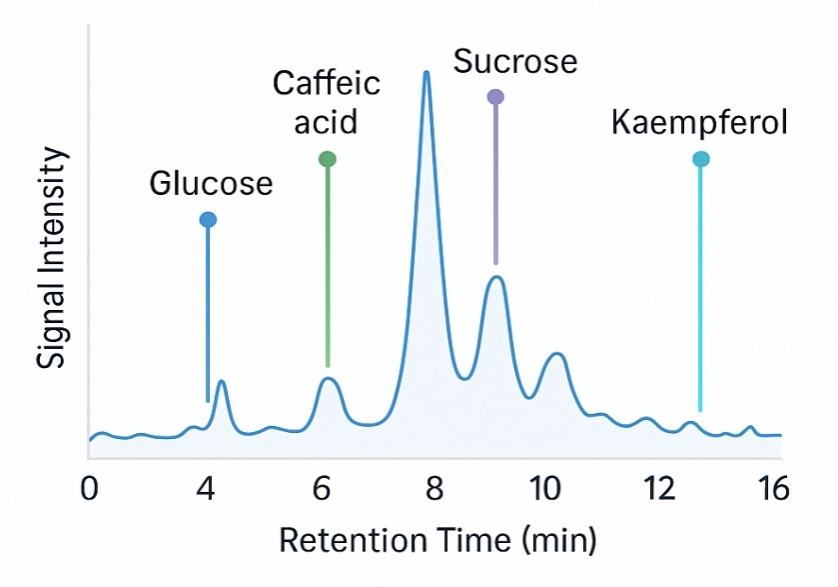 LC-MS/MS TIC of plant metabolites with annotated peaks.