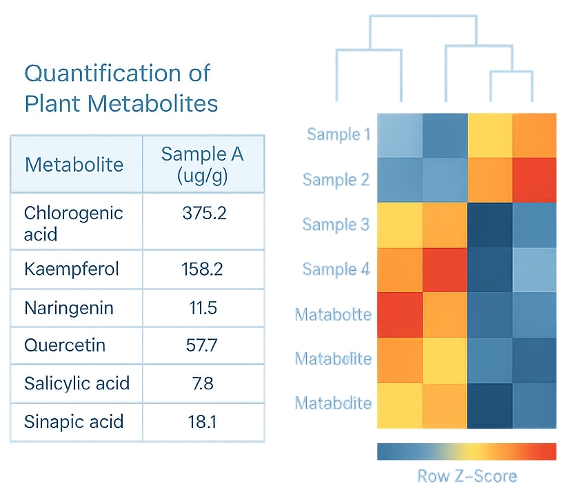 Table of metabolite concentrations next to a heatmap showing sample differences.