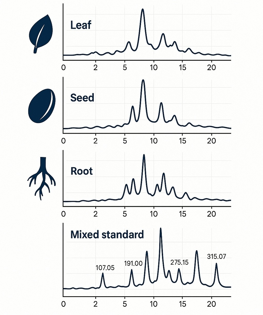 Four TIC plots for leaf, seed, root, and a mixed standard, showing distinct peak patterns.