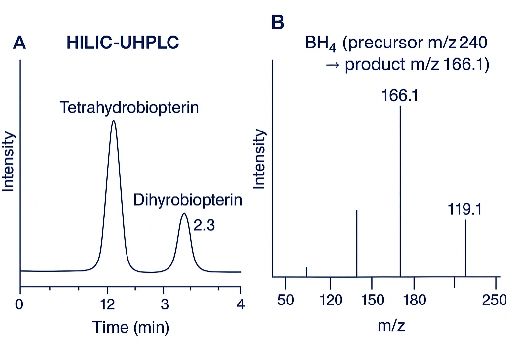 Two-panel figure: left, HILIC-UHPLC chromatogram with distinct BH₄ and BH₂ peaks; right, LC-MS/MS spectrum of BH₄ displaying precursor m/z 240 and fragment ions m/z 166.1 and 119.1.