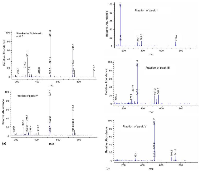 Mass spectrometry comparison of salvianolic acid B standard with HSCCC-separated peaks, highlighting structural similarities and differences.