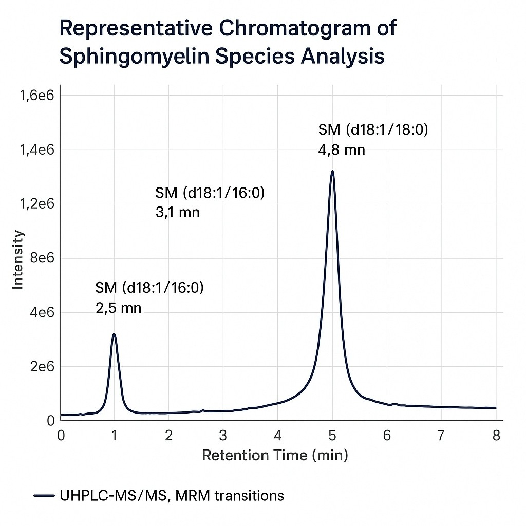 UHPLC-MS/MS chromatogram showing SM (d18:1/16:0), SM (d18:1/18:0), and SM (d18:1/24:1) peaks at 2.5, 3.1, and 4.8 minutes.