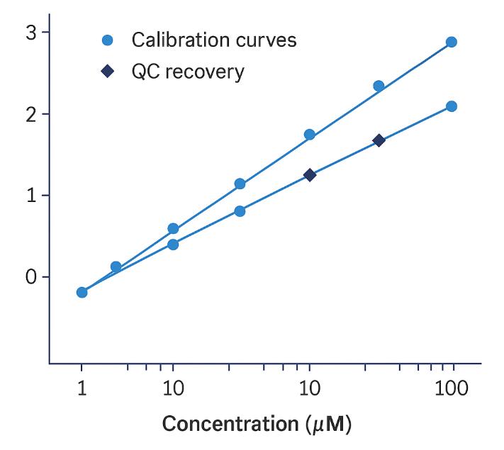 Line graph of calibration and QC points for sugar alcohol quantification.