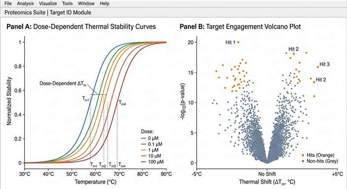 Demo results: Thermal melting curve visualization and statistical target engagement scoring.