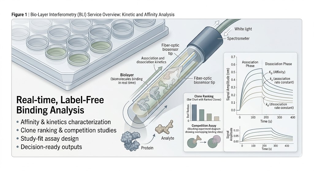 Bio-Layer Interferometry service diagram showing biosensor loading, analyte association, dissociation, and label-free binding analysis workflow.