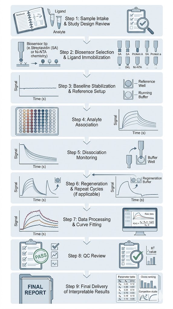 Technical workflow of a Bio-Layer Interferometry experiment showing biosensor loading, baseline stabilization, association, dissociation, regeneration, and data fitting.